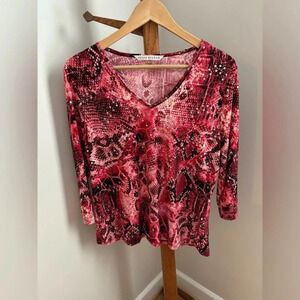 Peter Nygard Large Red Printed Sequin 3/4 Sleeve Blouse